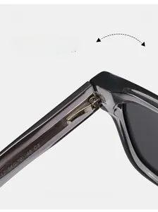 Detail of durable texture hinge on translucent grey sunglasses with inner temple specs