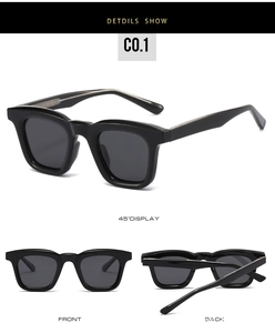Macro view of black square frame sunglasses from multiple angles and folded details