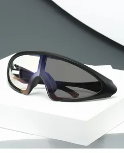 Close-up of sleek photochromic cycling sunglasses with purple anti-blue light coating