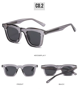 Three-way view of square gray transparent sunglasses showing front and side profile details
