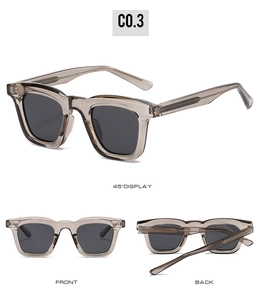 Three-way view of oversized square sunglasses in translucent grey with polarized lenses