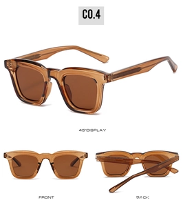 Detailed views of amber rectangular sunglasses from 45-degree, front and back angles