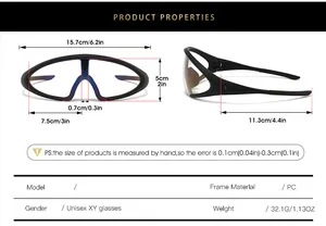 Detailed size chart for cycling sunglasses showing frame dimensions and PC material specs
