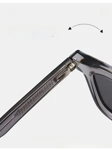 Close-up of durable metal hinge on transparent grey oversized polarized sunglasses