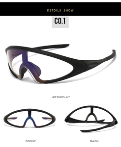 Multiple views of matte black photochromic cycling sunglasses with blue-purple lenses