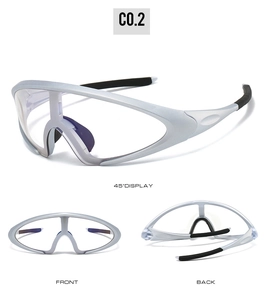 Three views of silver photochromic cycling sunglasses with clear lenses and rubber grips