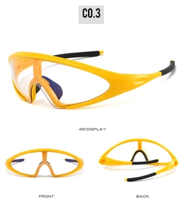 Three-way view of professional cycling glasses with yellow frame and clear lenses
