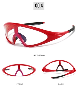 Three-way view of red cycling sunglasses showing 45-degree, front, and back frame details