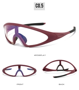 Three-view display of burgundy cycling sunglasses with blue lenses and anti-slip temples