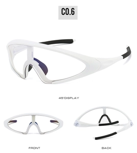 Three perspectives showing front, back, and 45-degree angle of white cycling sunglasses