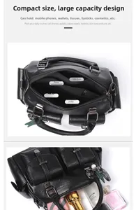 Vue détaillée de l'intérieur d'un sac à main noir avec compartiments et poches multiples