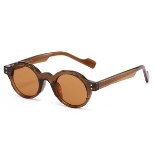 Retro round brown sunglasses with thick frames and textured metal rivets on temples