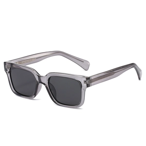 Modern grey square acetate sunglasses with black UV lenses and metal core temples
