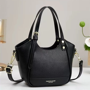 Chic black litchi texture leather handbag with gold hardware and fashion lettering