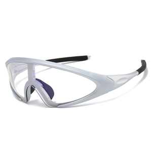 Cycling photochromic sunglasses with silver frame and clear lenses in 45-degree view