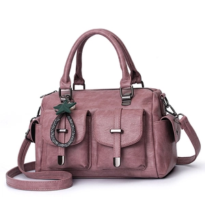 Retro grey-pink leather tote bag with tassel star charm and dual front flap pockets