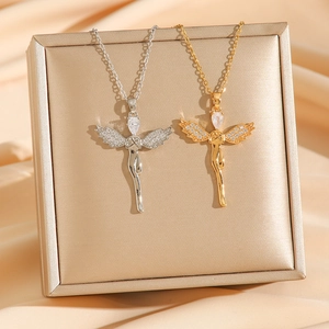 Angel Wing Heart MUM Cross Pendant Necklace Copper Zircon Inlaid Elegant Fashion Jewelry For Women Gift