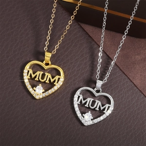 Golden and silver heart necklaces with MUM engraving and brilliant white zircon stones
