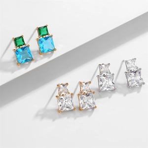 Three pairs of geometric square zircon stud earrings with colorful gemstone accents