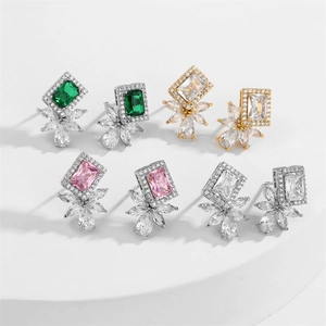 Elegant geometric zircon stud earrings collection with square and petal accents