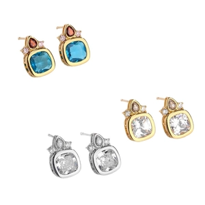 Three pairs of elegant geometric zircon stud earrings in gold and silver finish