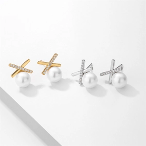 Élégantes boucles d'oreilles en X dorées et argentées avec zircons et perles blanches