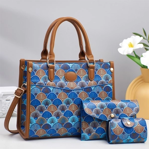 Women Scallop Pattern Jacquard And PU Leather Tote And Envelope Clutch And Coin Purse Retro Elegant Daily Handbags