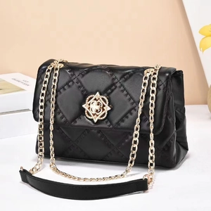 Quilted PU Leather Shoulder Bag With Metal Chain Rhombus Pattern Floral Buckle Flap Chic Crossbody Handbag For Women