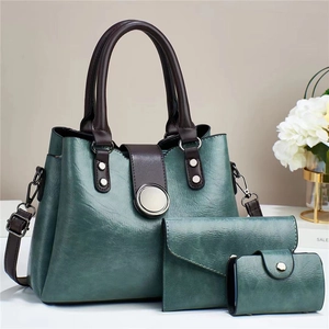 Three-piece set of vintage dark green tote bag, clutch and card holder in oil-wax PU leather