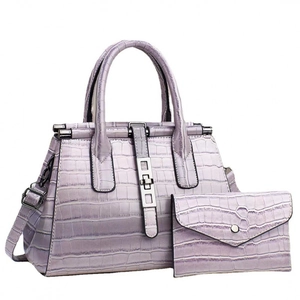 Lavender crocodile embossed leather tote bag and wallet set with silver hardware