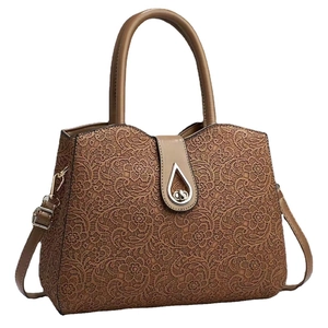 Brown PU leather tote bag with elegant lace texture and metallic water drop clasp