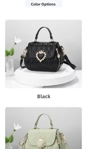 Detail of wave quilted PU leather bags with crown heart buckle in black and light green