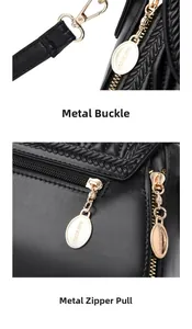Detail showing shiny gold swivel hook and branded HAWEIOU metal zipper on black bag