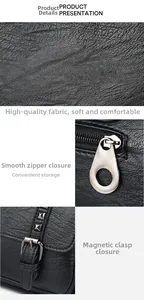 Close-up of litchi texture leather bag with smooth metal zipper and magnetic buckle closure