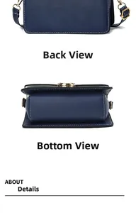Detail view of navy crossbody bag featuring white contrast stitching and gold hardware