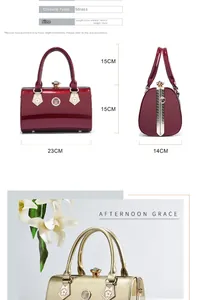 Detail view of structured patent leather evening bag with rhinestone clasp and dimensions