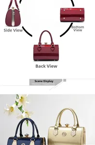 Detailed close-up of glossy patent leather evening bag with durable metal bottom feet