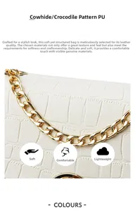 Detail of white crocodile pattern PU leather texture with a gold metal chain strap