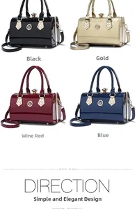 Glossy patent leather Boston bags in black, gold, wine red and blue with metal handles