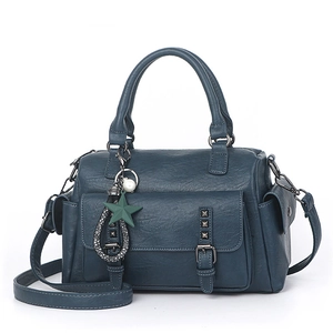 Large capacity dark blue Boston handbag in soft PU leather with star charm pendant