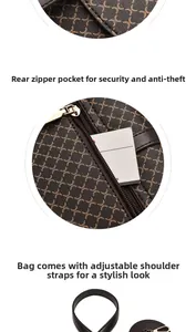 Dettaglio della piccola borsa stampata con tasca posteriore a zip e tracolla regolabile