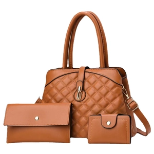3-piece set of caramel quilted leather bags with shoulder straps and metal lock