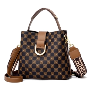 Brown checkered bucket bag with clover print and detachable wide branded shoulder strap