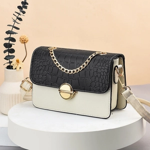 Contrast leather flap crossbody bag with crocodile texture and gold chunky chain