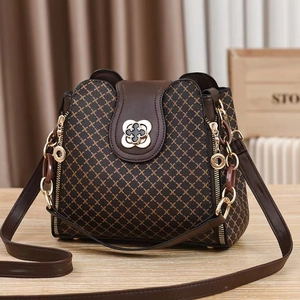 Classic brown crossbody bag with grid pattern, gold petal buckle and chain detail
