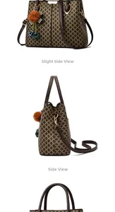 Vues sous trois angles d'un grand sac cabas marron avec motif géométrique texturé