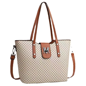 Borsa tote in tela a contrasto con manici in pelle marrone e chiusura a fibbia a M