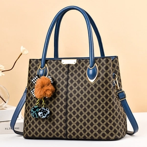 Sac Cabas En Cuir PU À Motif Géométrique Grand Sac À Bandoulière Avec Charme Boule De Peluche Pour Femmes Élégant Rétro