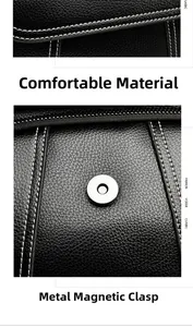Detail of lychee pattern leather texture with white stitching and metal magnetic buckle