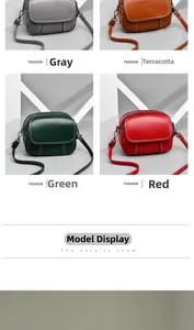 Detail view of four-color textured leather crossbody bags in grey, yellow, green and red